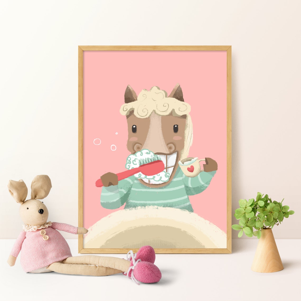 A Brushing Horse Brushing Teeth Poster Kids Bathroom Wall Etsy España