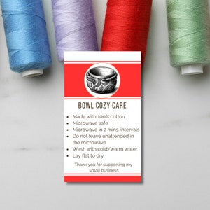 Tarjetas de instrucciones de uso y cuidado de Bowl Cozy imprimibles - Descarga digital para artesanos y vendedores - Tarjeta de cuidado rojo Bowl Cozy