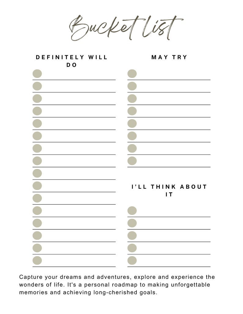 Example Bucket List Items Printable Bucket List Template, Life List, Travel Planner, Letter ...