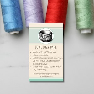 Customizable Bowl Cozy Care & Use Instruction Cards - Digital Download for Crafters and Sellers - Edit this Bowl Cozy Care Card