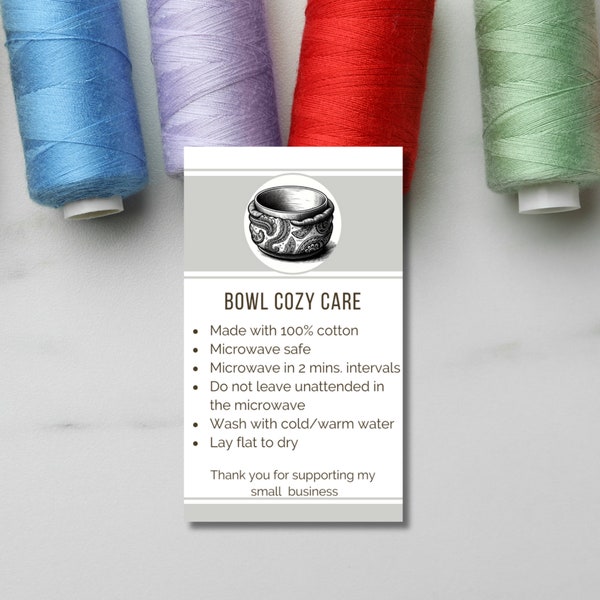 Printable Bowl Cozy Care & Use Instruction Cards - Digital Download for Crafters and Sellers - Bowl Cozy Gray