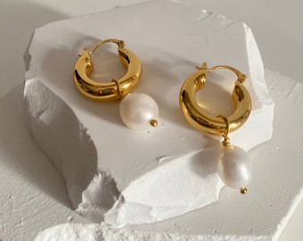 18K Gold Pearl Huggie Hoops: Sterling Silver Earrings