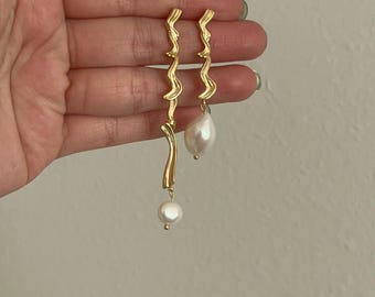 Baroque Pearl Dangle Earrings: 14k Gold Plated, Handmade Boho Chic Jewelry