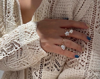 14k Gold Filled Heart & Star Pearl Ring, Adjustable