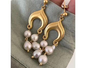 Abstract Gold Dangle Earrings with Freshwater Pearls