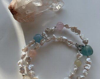 Freshwater Pearl Necklace: Color Quartz Crystal Energy Jewelry