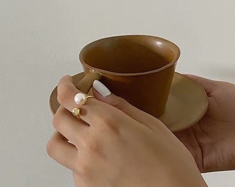 Adjustable Gold Ring: Freshwater Pearl Geometric Ball Ring