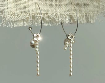 Freshwater Pearl Drop Earrings, S925 Sterling Silver Hoop, Detachable Design