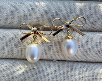 Pearl Drop Bow Earrings: 18k Gold Coquette Studs