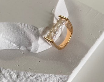 14k Gold Plated Pearl Ring: Minimalist Stacking Ring