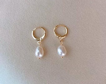 Gold Hoop Earrings with Freshwater Pearls