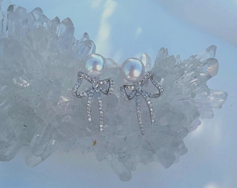 Pearl Bow Drop Earrings: Dainty Coquette Studs, 18k Gold or Rhodium