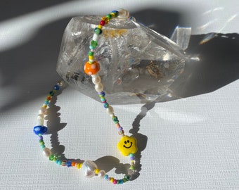 Freshwater Pearl Necklace: Colorful Stained Glass Bead Summer Jewelry