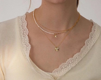 Pearl Initial Necklace: Gold Letter Charm, Minimalist Style