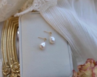 Freshwater Pearl Drop Earrings: S925 Gold, Bridal Jewelry