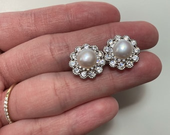 Freshwater Pearl Earrings, Round Diamond Halo, Silver Studs