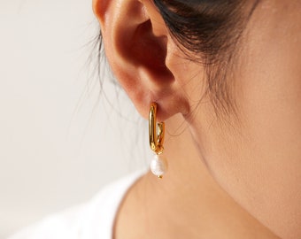 18K Gold Pearl Huggie Hoops: Sterling Silver Earrings