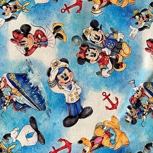 Disney Cruise Fabric 100% Cotton Fabric Fat Quarters Tumbler Cuts Cartoon Collage Disney Minnie Mouse Mermaids Boat Fantasy Magic Captain