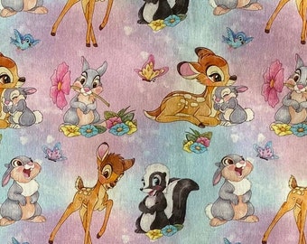 Disney Bambi Fabric 100% Cotton Fabric Fat Quarter Tumbler Cuts Fat Eighths Cartoon Collage Disney Bambi Watercolor Pastel Thumper Flower