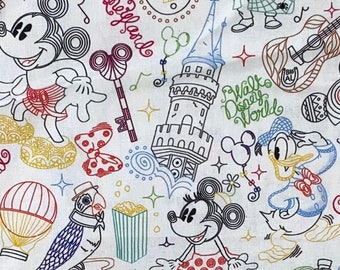 Tela de los Parques de Disney, 100 % algodón, corte de vaso, Mickey Mouse, Minnie Mouse, Campanilla, fantasma haciendo autostop, zapatilla de Cenicienta, boceto