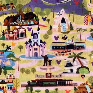 Vintage Disneyland plattegrond van stof, 100% katoen, op maat gesneden. Attracties, Walt Disney en Mickey Mouse.