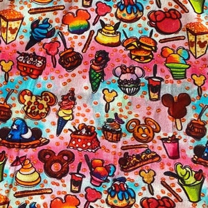 Disney Mickey Snacks Fabric 100% Cotton Fabric Fat Quarter Tumbler Cut Cartoon Collage Disney Treats Ice Cream Float Donuts Kitchen Sink
