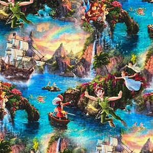 May include: A colorful fabric featuring a repeating pattern of Peter Pan flying through the air, a pirate ship sailing on the ocean, and a waterfall cascading down a rocky cliff. The fabric is a vibrant blue, green, and yellow with hints of pink and purple.
