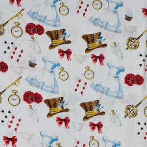May include: White fabric with a repeating pattern of Alice in Wonderland themed illustrations. The design includes dresses, pocket watches, keys, playing cards, teacups, roses, cupcakes, and top hats with red bows.