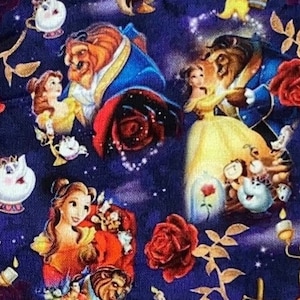 May include: A fabric pattern featuring characters and elements from the animated film "Beauty and the Beast." The design includes Belle, the Beast, roses, teacups, and candelabras on a dark blue background with a starry effect. The overall theme is a fairytale.