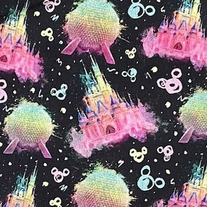Disney Parks Fabric 100% Cotton Fabric Fat Quarter Tumbler Cut Cartoon Collage Disney Pink Castle Epcot Ball Spaceship Earth Magic Kingdom