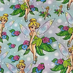 18x10&quot; Tinkerbell Fabric Collage 100% Cotton Fabric Remnant Neverland Peter Pan Collage Tinker Bell Fabric