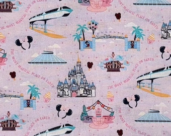 Tela Disney Park, 100 % algodón, cortes Fat Quarter Tumbler, octavos de grasa, tazas de té Disney Monorail, castillo, orejas de Minnie, lugar mágico en la Tierra