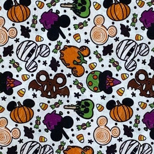 Disney Mickey Snacks Fabric 100% Cotton Fabric By The Yard Cartoon Collage Disney Halloween Treats Candy Apples Pretzels Cookies