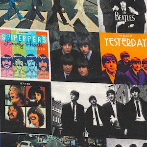 May include: A collage of images featuring The Beatles. The collage includes album covers for "Sgt. Pepper's Lonely Hearts Club Band", "Yesterday", and "Let It Be". It also includes a photo of the band walking across a zebra crossing and a photo of the band standing together.