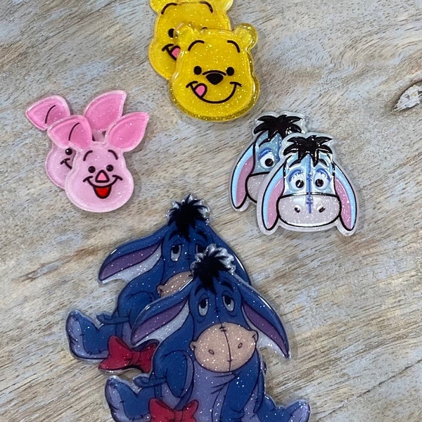 Disney Winnie the Pooh Inspired Glitter Flat Back Planar Resin Hair Bow Center Embellishment Scrap Embellishment Eeyore Piglet | SET of 2