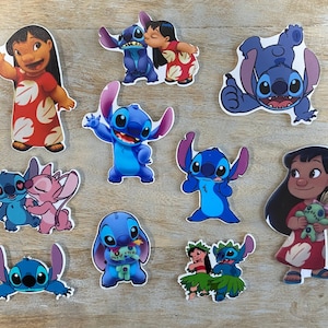 May include: A set of ten colorful cartoon stickers featuring Stitch and Lilo from the Disney movie Lilo & Stitch. The stickers feature various poses of Stitch, including Stitch holding a flower, Stitch with his tongue sticking out, and Stitch with his arms crossed. There are also stickers of Lilo, including Lilo with her arms crossed and Lilo holding Stitch.