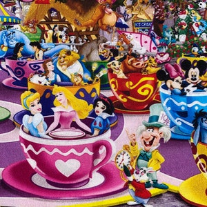 Disney Teacup Character Collage Fabric 100% Cotton Fabric Fat Quarters Tumbler Cut Princess Winnie Pooh Aladdin Mickey Minnie Mouse Pluto