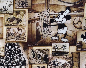 Disney Steamboat Willie Fabric 100% Cotton Fabric by the Yard Mickey Mouse Vintage Collage