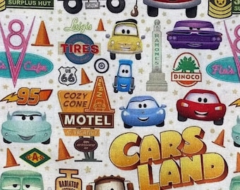Disney Cars Land Fabric 100% Cotton Fabric by the Yard Lightning McQueen Mater Sally Cruz Cal Cars Fabric