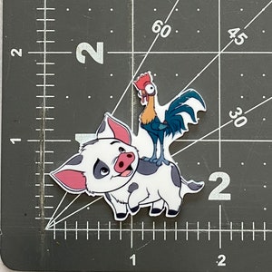 May include: A white pig with black spots and pink ears is standing on all fours. A red rooster with blue and white feathers is standing on the pig's back. The rooster has a red comb and wattle.