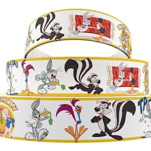 Looney Tunes Ribbon 1" and 1.5" High Quality Grosgrain Ribbon By The Yard Bugs Bunny, Pepe Le Pew, Porky Pig, Road Runner, Daffy Duck