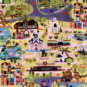 Vintage Disneyland Map Fabric 100% Cotton Fabric by the Yard Ride