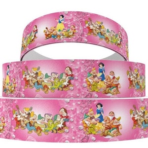 Disney Snow White Seven Dwarfs Ribbon 1&quot; and 1.5&quot; High Quality Grosgrain Ribbon By The Yard Princess Dopey Grumpy Doc Sneezy Sleepy Bashful
