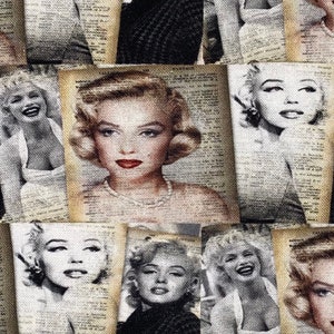 May include: A collage featuring multiple images of Marilyn Monroe in various poses. The images are in both color and black and white, with a vintage aesthetic. Some images show her smiling, while others are more serious. The background appears to be a textured, aged paper.