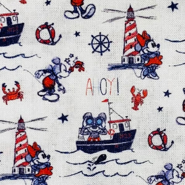 Tissu nautique Disney 100 % coton tissu par mètre Sailor Ahoy phare bateau bateau crabe homard Mickey Mouse Minnie Mouse