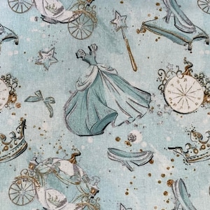 Cinderella Fabric Dress  Collage 100% Cotton Fabric By the Yard Disney Gorgeous Fabric Glass Slipper Carriage Pumpkin