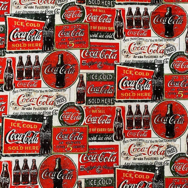 Coke Fabric 100% Cotton Fabric Coca-Cola Fabric Fat Quarter Tumbler cut Coca-Cola Fabric Vintage Coke Bottles inspired Soda Beverage