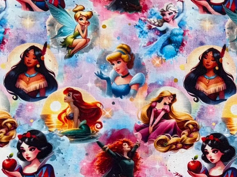 May include: A colorful fabric featuring illustrations of various Disney princesses, including Cinderella, Ariel, and Snow White. The design has a watercolor effect with a light purple and pink background, and is suitable for crafting or apparel.
