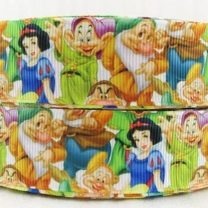 Disney Snow White Seven Dwarfs Ribbon 1&quot;, 1.5&quot; and 2&quot; High Quality Grosgrain Ribbon By The Yard Dopey Grumpy Doc Sneezy Sleepy Bashful happy