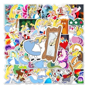 May include: A set of colorful Alice in Wonderland themed stickers featuring characters like the Mad Hatter, the Cheshire Cat, and Alice herself. The stickers are perfect for adding a whimsical touch to laptops, water bottles, notebooks, and more.